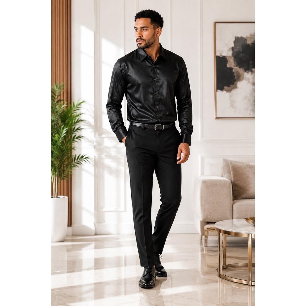 Men Luxury Black Ribbed Satin Handmade Button Up Dress Shirt